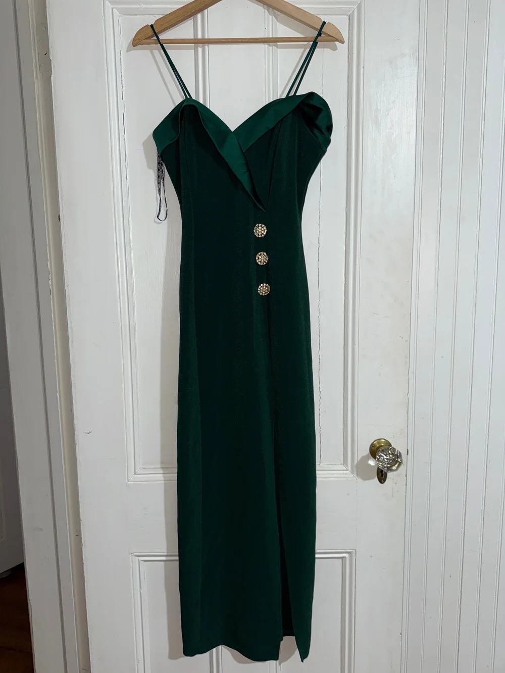 Vintage‎ Deep Green Spaghetti Strap Maxi Dress with Gold Buttons